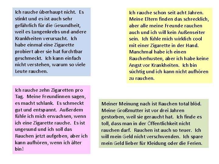 Ich rauche überhaupt nicht. Es stinkt und es ist auch sehr gefährlich für die