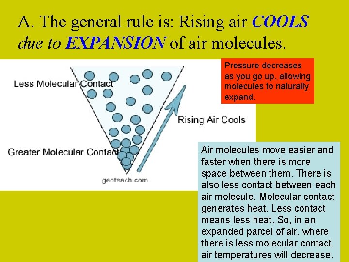 A. The general rule is: Rising air COOLS due to EXPANSION of air molecules.