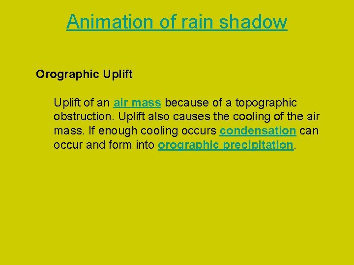Animation of rain shadow Orographic Uplift of an air mass because of a topographic