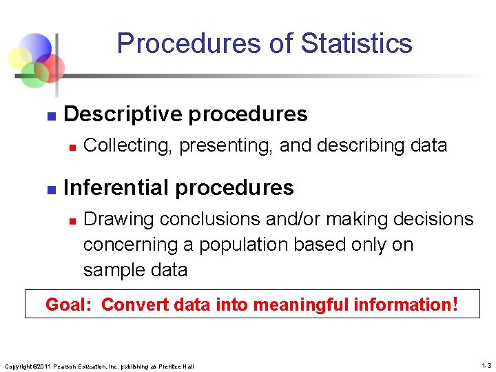 Procedures of Statistics n Descriptive procedures n n Collecting, presenting, and describing data Inferential