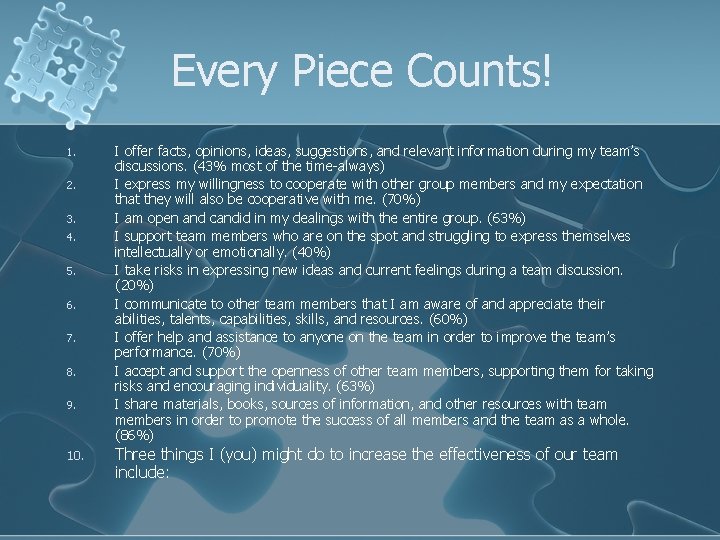 Every Piece Counts! 1. 2. 3. 4. 5. 6. 7. 8. 9. 10. I