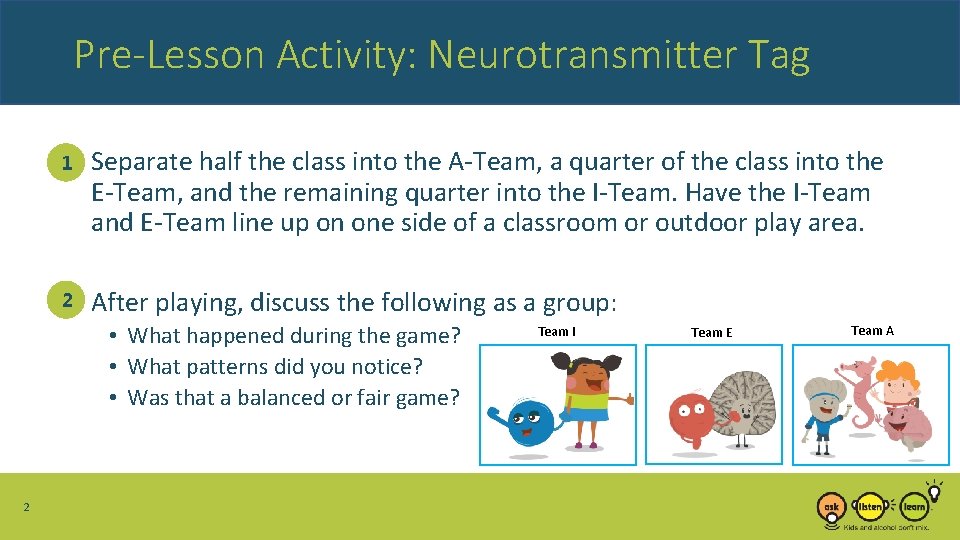 Pre-Lesson Activity: Neurotransmitter Tag 1 • Separate half the class into the A-Team, a