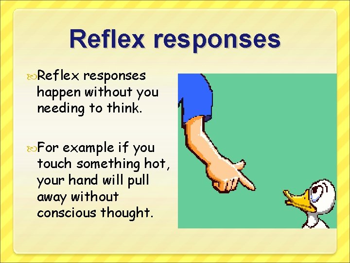 Reflex responses happen without you needing to think. For example if you touch something