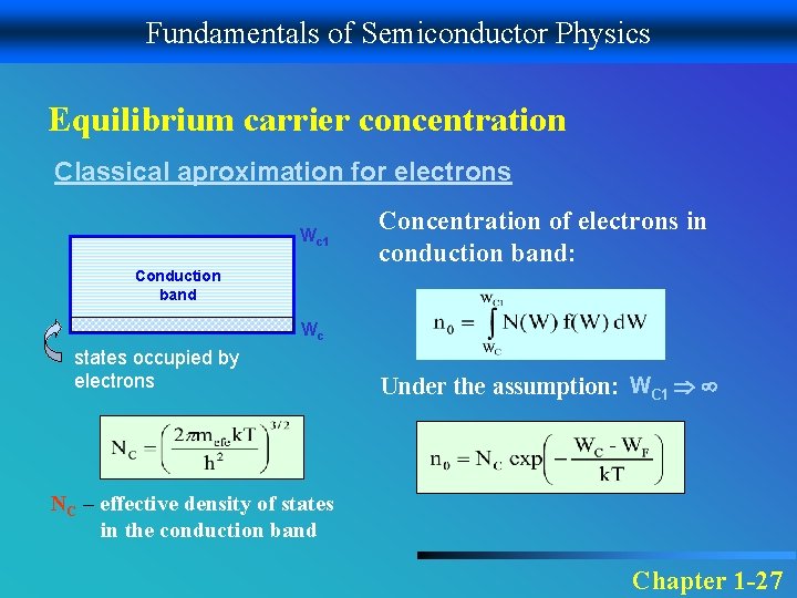 Fundamentals of Semiconductor Physics Equilibrium carrier concentration Classical aproximation for electrons Wc 1 Concentration