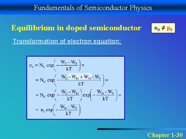 Fundamentals of Semiconductor Physics Equilibrium in doped semiconductor n 0 ≠ p 0 Transformation