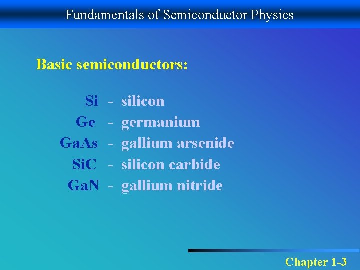 Fundamentals of Semiconductor Physics Basic semiconductors: Si Ge Ga. As Si. C Ga. N