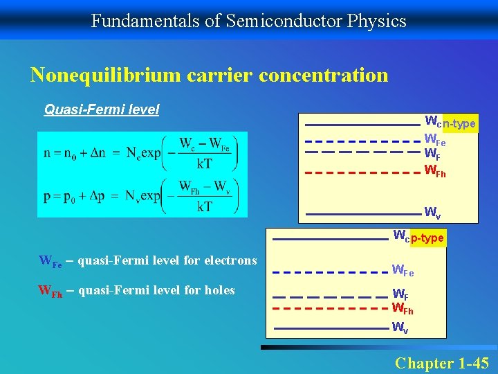 Fundamentals of Semiconductor Physics Nonequilibrium carrier concentration Quasi-Fermi level Wc n-type WF WFh Wv