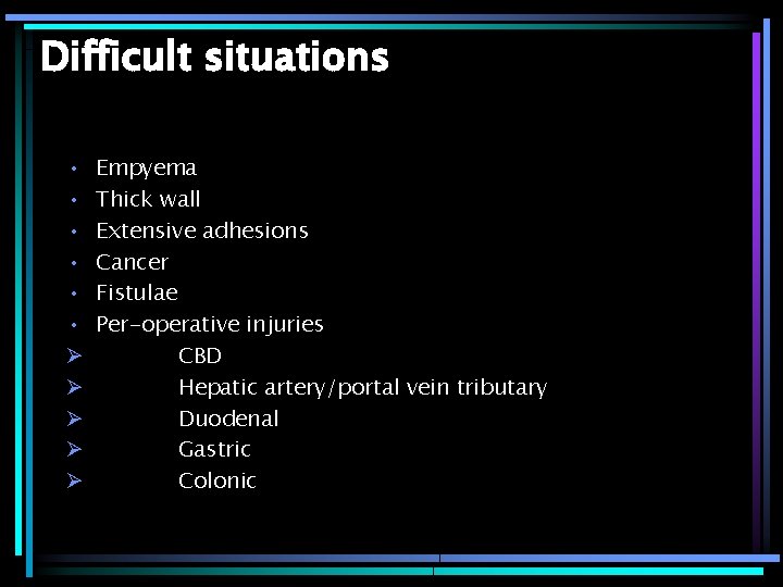 Difficult situations • • • Ø Ø Ø Empyema Thick wall Extensive adhesions Cancer