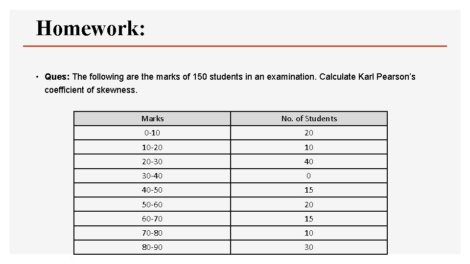 Homework: • Ques: The following are the marks of 150 students in an examination.