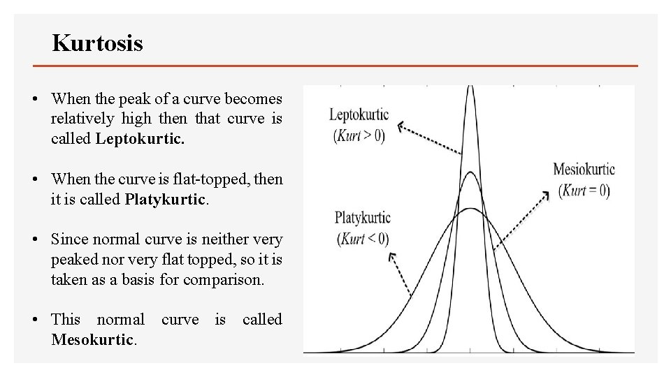 Kurtosis • When the peak of a curve becomes relatively high then that curve