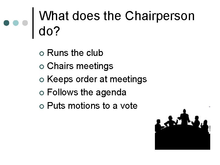 What does the Chairperson do? Runs the club ¢ Chairs meetings ¢ Keeps order