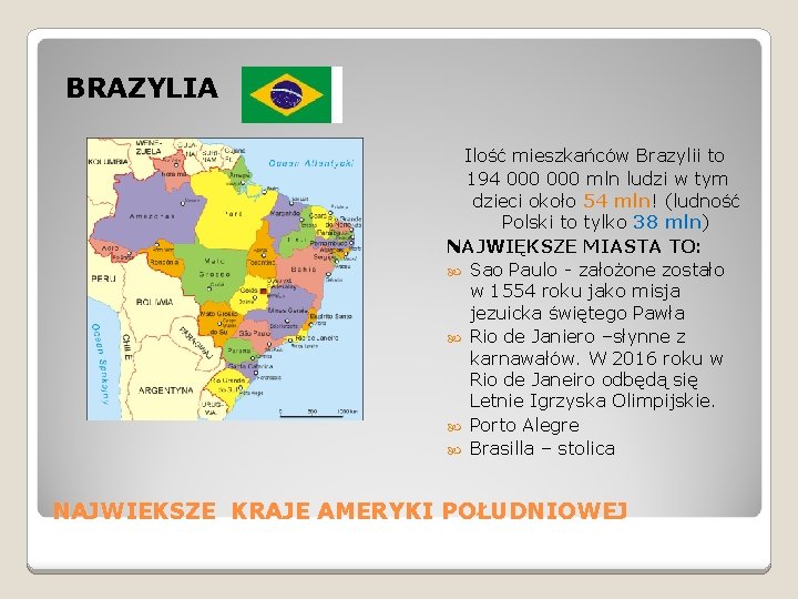 BRAZYLIA Ilość mieszkańców Brazylii to 194 000 mln ludzi w tym dzieci około 54