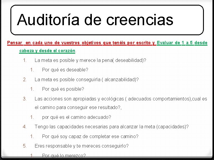 Auditoría de creencias Pensar en cada uno de vuestros objetivos que tenéis por escrito