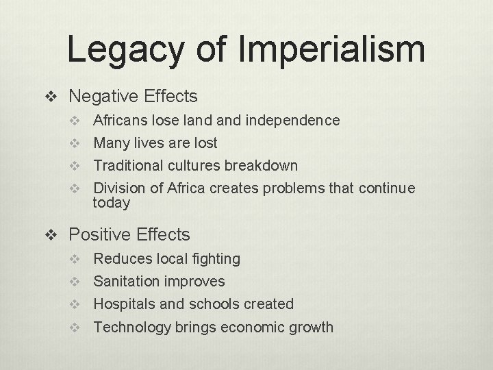 Legacy of Imperialism v Negative Effects v Africans lose land independence v Many lives