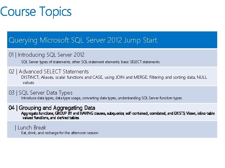 Querying Microsoft SQL Server 2012 Jump Start 01 | Introducing SQL Server 2012 SQL