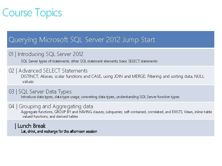 Course Topics Querying Microsoft SQL Server 2012 Jump Start 01 | Introducing SQL Server
