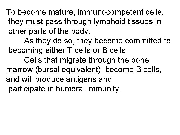 To become mature, immunocompetent cells, they must pass through lymphoid tissues in other parts