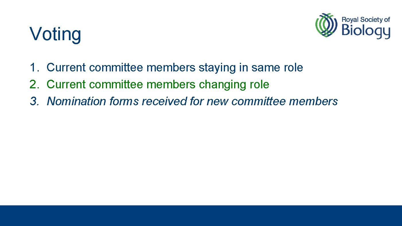 Voting 1. Current committee members staying in same role 2. Current committee members changing