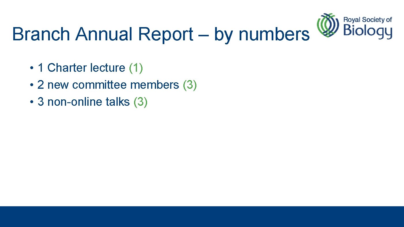 Branch Annual Report – by numbers • 1 Charter lecture (1) • 2 new