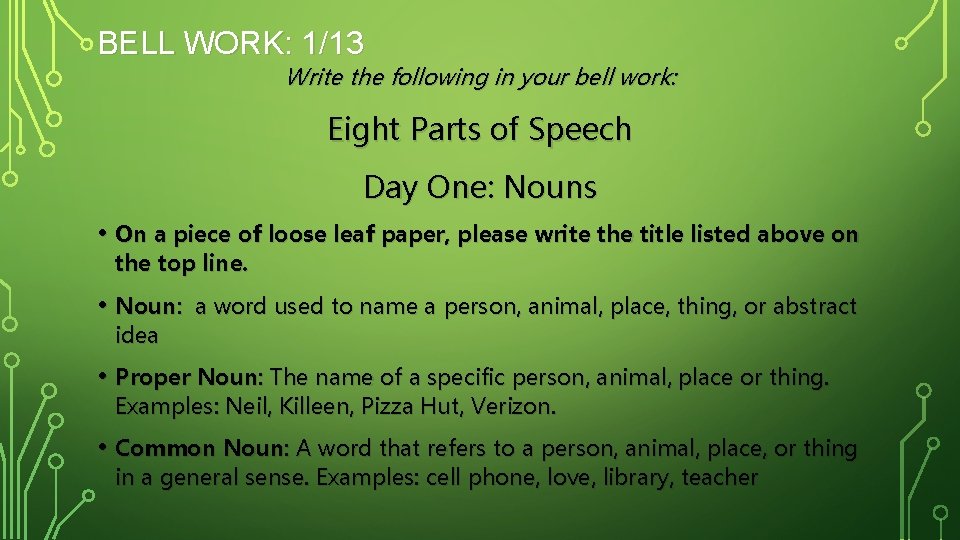 BELL WORK: 1/13 Write the following in your bell work: Eight Parts of Speech