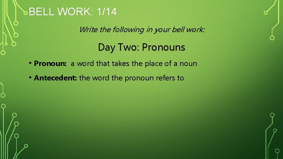 BELL WORK: 1/14 Write the following in your bell work: Day Two: Pronouns •