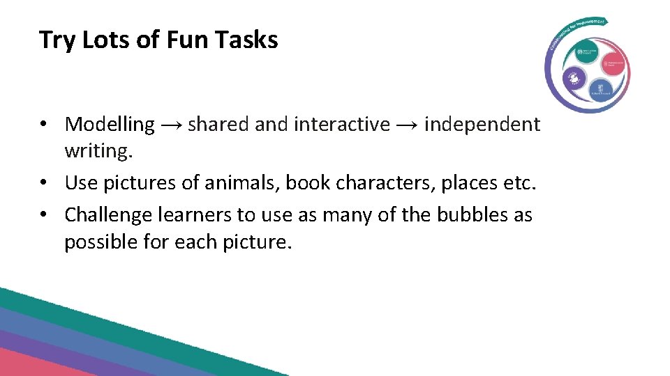 Try Lots of Fun Tasks • Modelling → shared and interactive → independent writing.