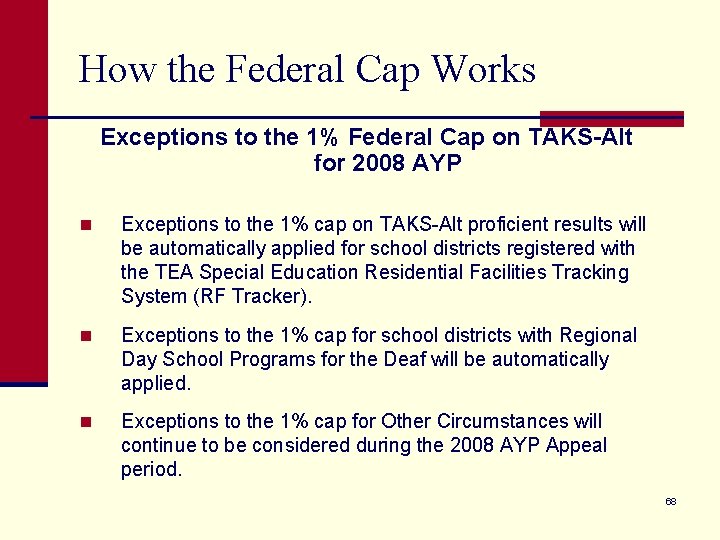 How the Federal Cap Works Exceptions to the 1% Federal Cap on TAKS-Alt for