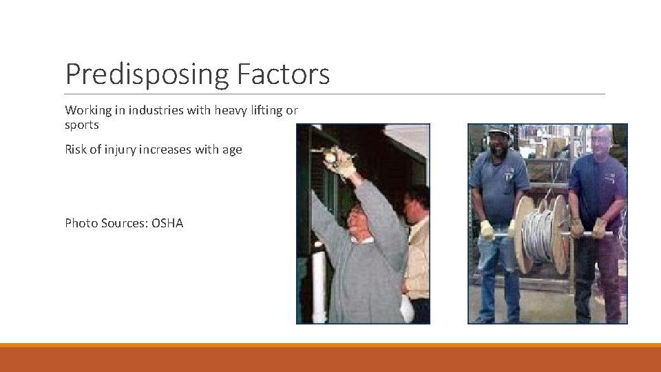 Predisposing Factors Working in industries with heavy lifting or sports Risk of injury increases
