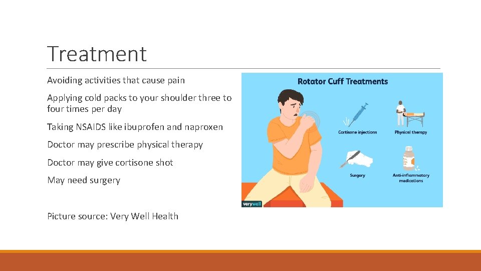 Treatment Avoiding activities that cause pain Applying cold packs to your shoulder three to