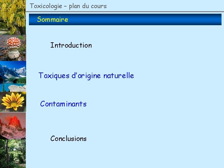 Toxicologie – plan du cours Sommaire Introduction Toxiques d’origine naturelle Contaminants Conclusions 