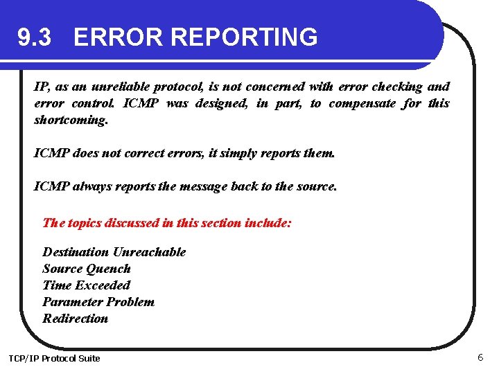 9. 3 ERROR REPORTING IP, as an unreliable protocol, is not concerned with error