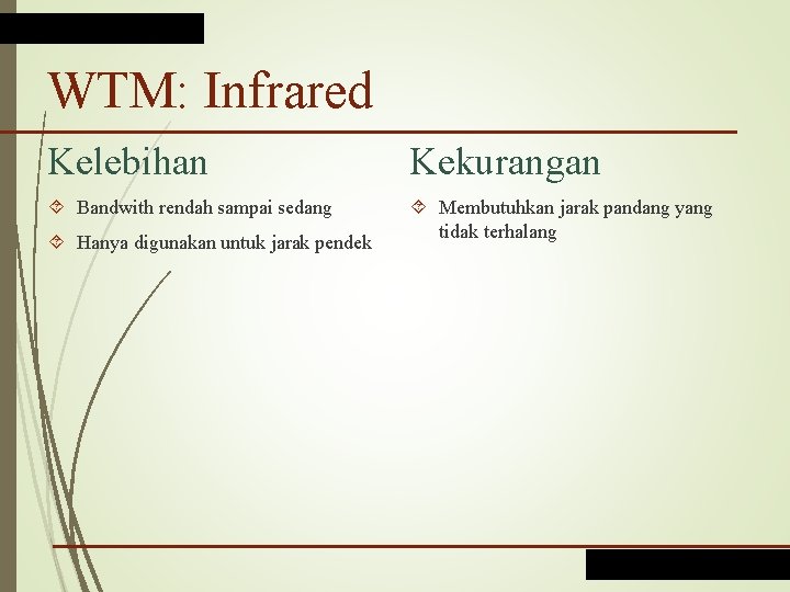 WTM: Infrared Kelebihan Kekurangan Bandwith rendah sampai sedang Membutuhkan jarak pandang yang tidak terhalang