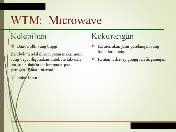 WTM: Microwave Kelebihan Kekurangan Bandwidth yang tinggi Memerlukan jalur pandangan yang tidak terhalang. Bandwidth