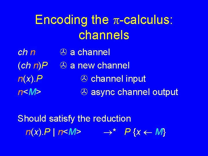 Encoding the -calculus: channels ch n (ch n)P n(x). P n<M> a channel a