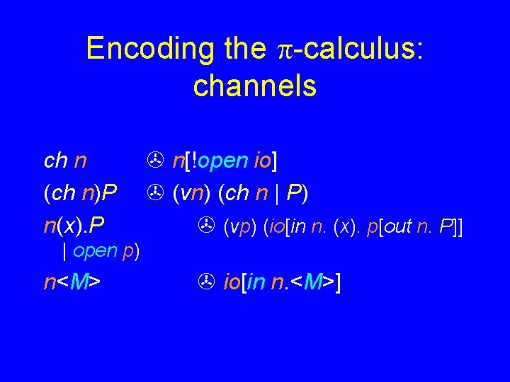 Encoding the -calculus: channels ch n (ch n)P n(x). P n[!open io] (vn) (ch