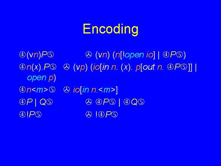 Encoding (vn)P (vn) (n[!open io] | P ) n(x). P (vp) (io[in n. (x).