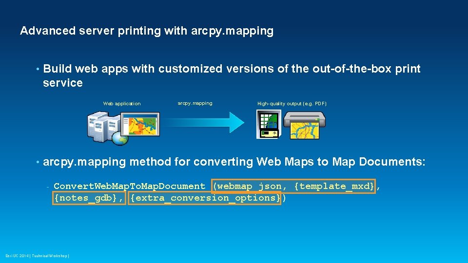 Advanced server printing with arcpy. mapping • Build web apps with customized versions of