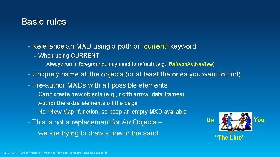 Basic rules • Reference an MXD using a path or “current” keyword - When