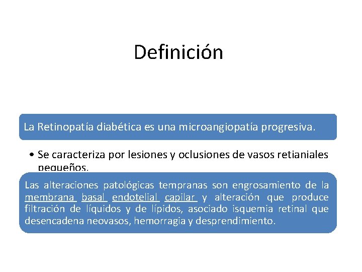 Definición La Retinopatía diabética es una microangiopatía progresiva. • Se caracteriza por lesiones y