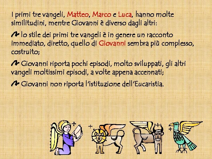 I primi tre vangeli, Matteo, Marco e Luca, hanno molte similitudini, mentre Giovanni è