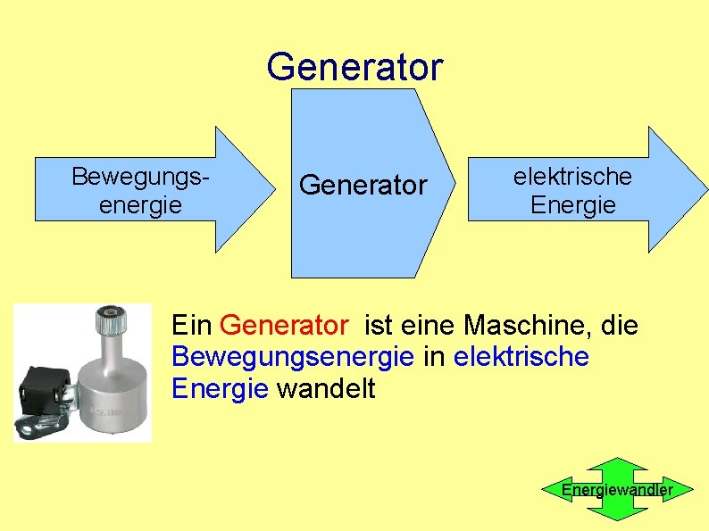 Generator Bewegungsenergie Generator elektrische Energie Ein Generator ist eine Maschine, die Bewegungsenergie in elektrische