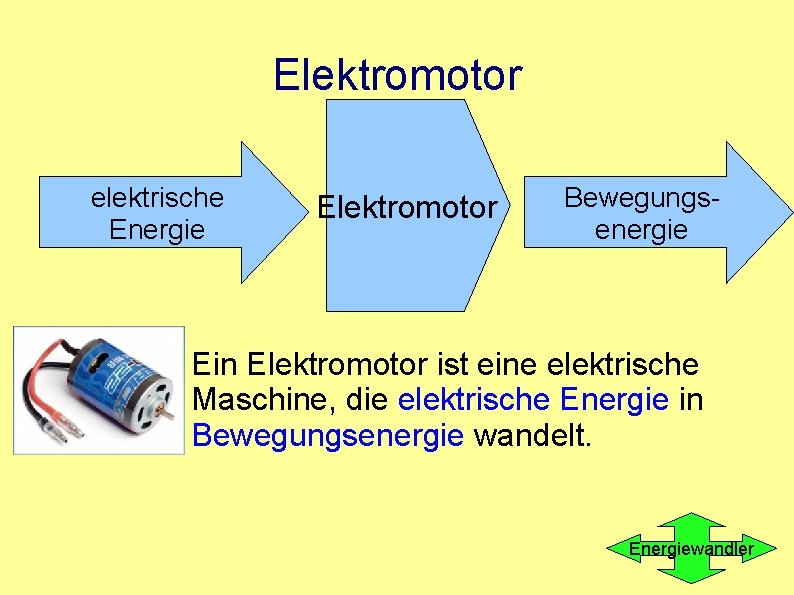 Elektromotor Bewegungselektrische Energie energie Elektromotor Generator Bewegungsenergie Ein Elektromotor ist eine elektrische Maschine, die