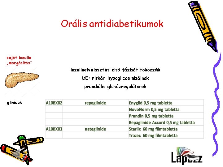 Orális antidiabetikumok saját inzulin „mozgósítás” inzulinelválasztás első fázisát fokozzák DE: ritkán hypoglicaemizálnak prandiális glukózregulátorok