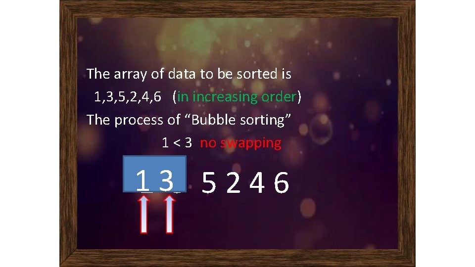 The array of data to be sorted is 1, 3, 5, 2, 4, 6