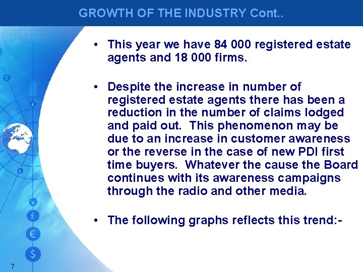GROWTH OF THE INDUSTRY Cont. . • This year we have 84 000 registered