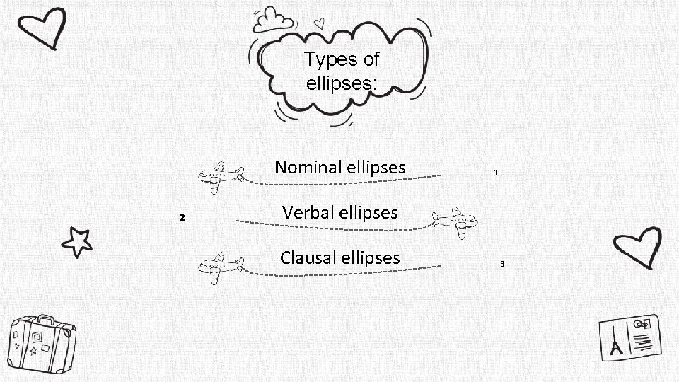 Types of ellipses: Nominal ellipses 2 1 Verbal ellipses Clausal ellipses 3 