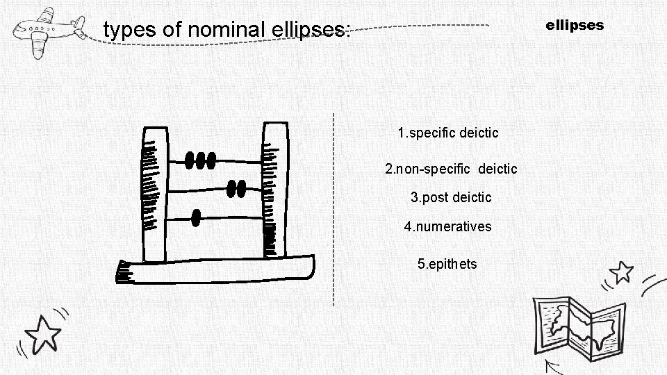 ellipses types of nominal ellipses: 1. specific deictic 2. non-specific deictic 3. post deictic