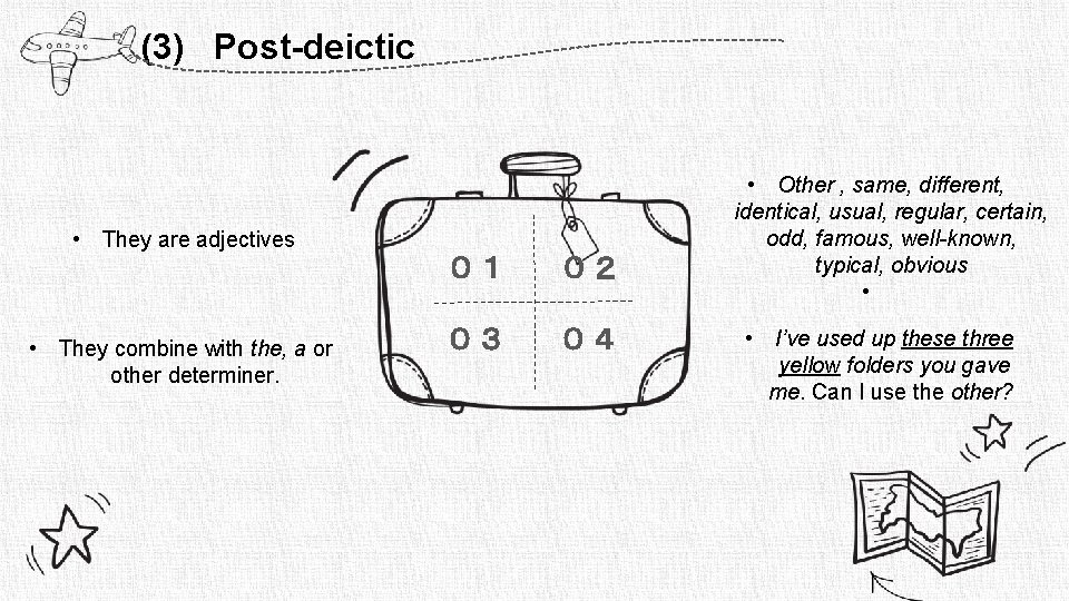 (3) Post-deictic • They are adjectives • They combine with the, a or other