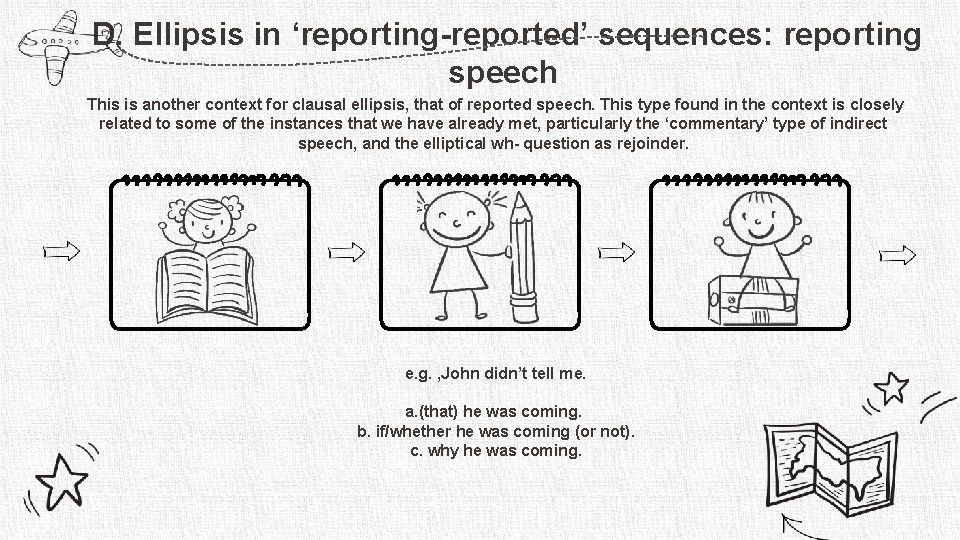 D. Ellipsis in ‘reporting-reported’ sequences: reporting speech This is another context for clausal ellipsis,