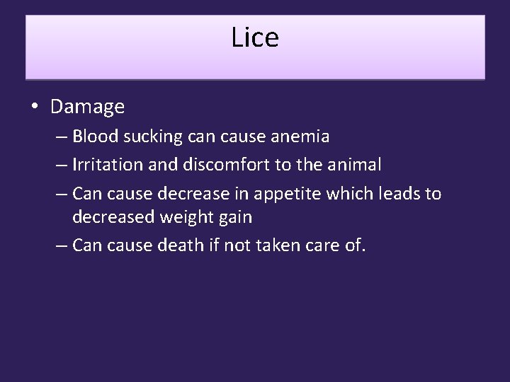 Lice • Damage – Blood sucking can cause anemia – Irritation and discomfort to